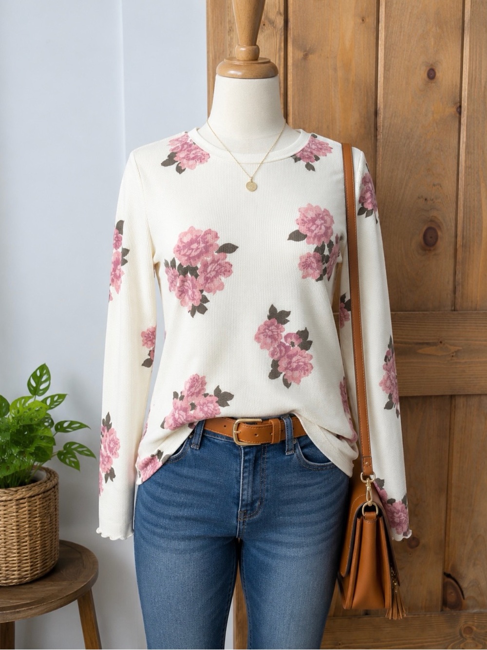 BP Nordstrom Thermal Rose Floral Top Waffle Knit
